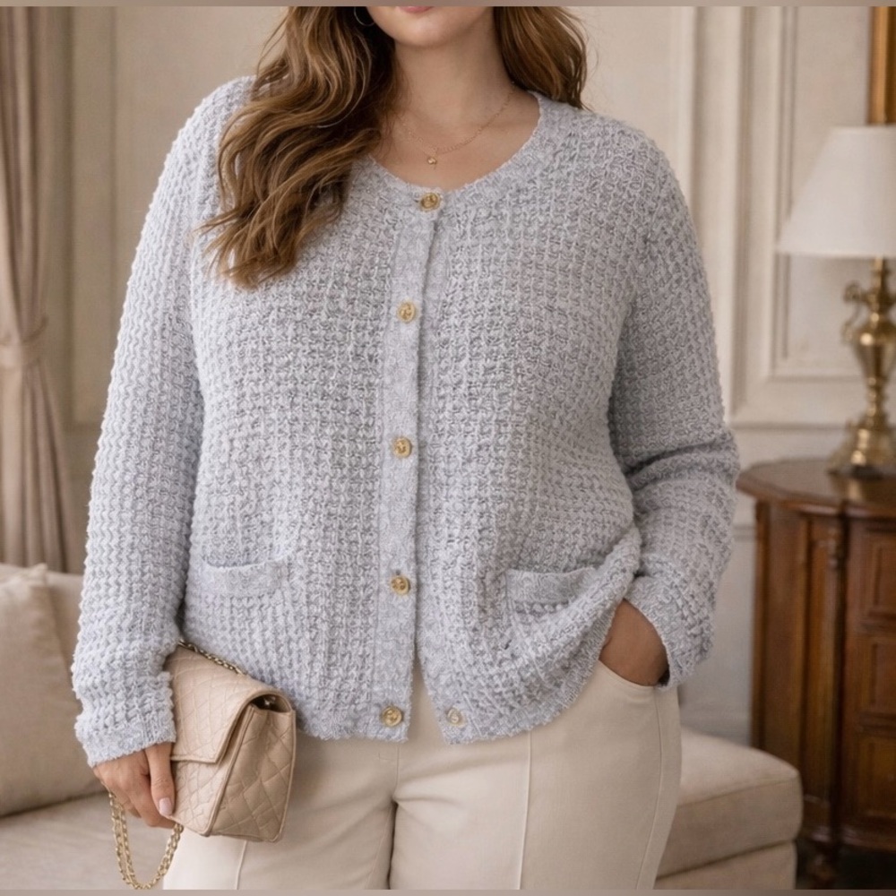 Lands' End $103 Tweed Boucle Button Up Cardigan Jacket Sweater Knit 3XL Preppy